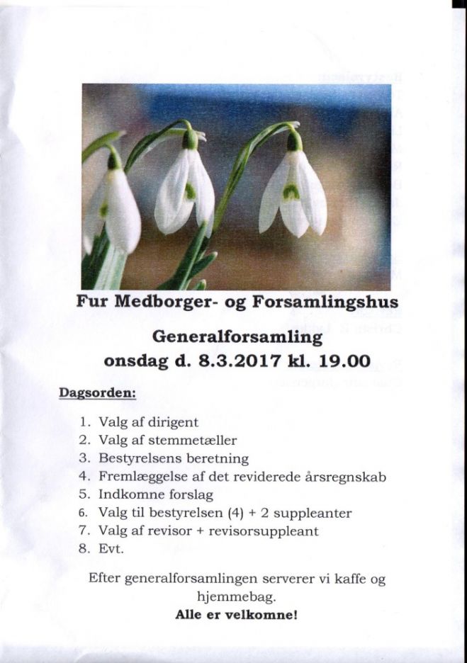 Generalforsamling Fur Medborger- og Forsamlingshus - onsdag den 8. marts 2017 kl. 19.00