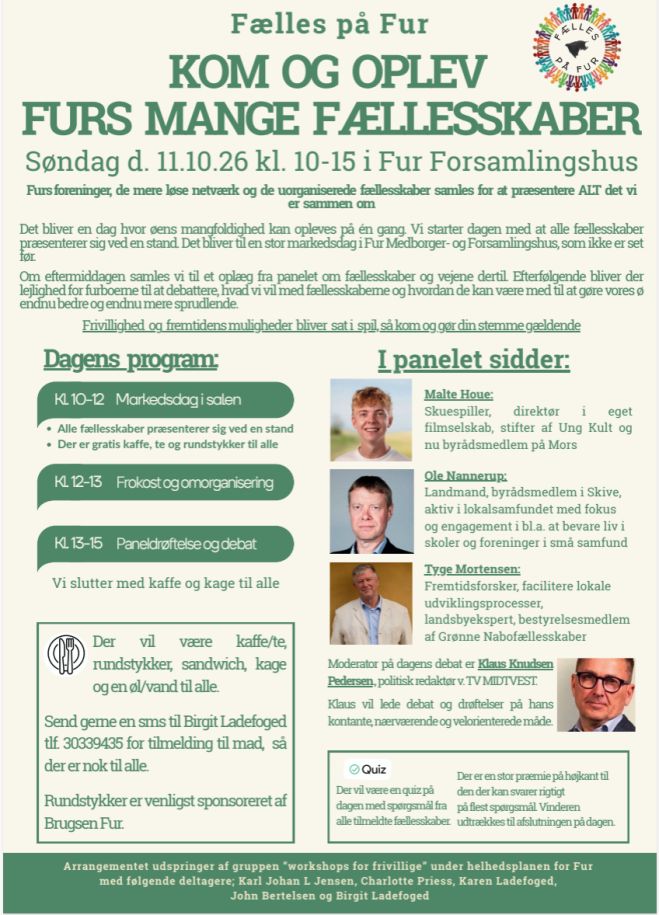 Fælles på Fur - KOM OG OPLEV FURS MANGE FÆLLESSKABER Søndag d. 11.10.26 kl. 10-15 i Fur Forsamlingshus