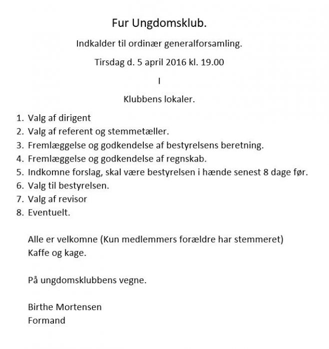 Fur Ungdomsklub - Indkalder til ordinær generalforsamling