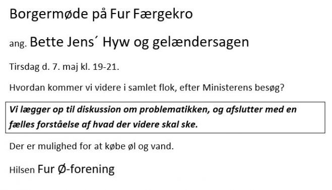 Borgermøde på Fur Færgekro ang. Bette Jens´ Hyw og gelændersagen