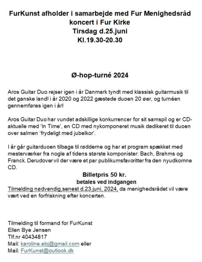 FurKunst afholder i samarbejde med Fur Menighedsråd - koncert i Fur Kirke - tirsdag 25. juni kl.19.30-20.30