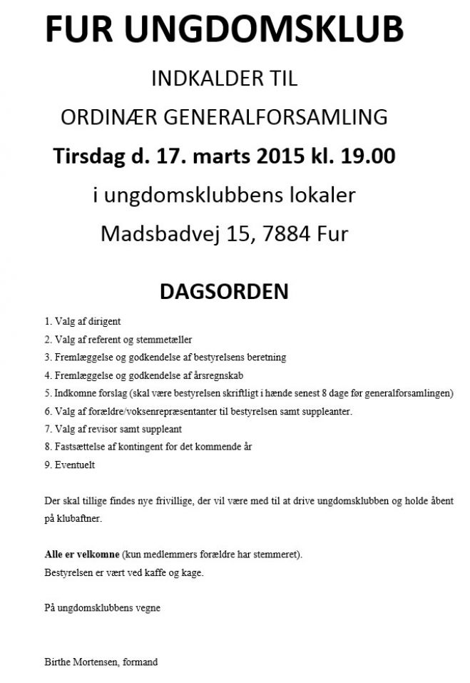 FUR UNGDOMSKLUB indkalder til ordinær generalforsamling -  Tirsdag d. 17. marts 2015 kl. 19.00