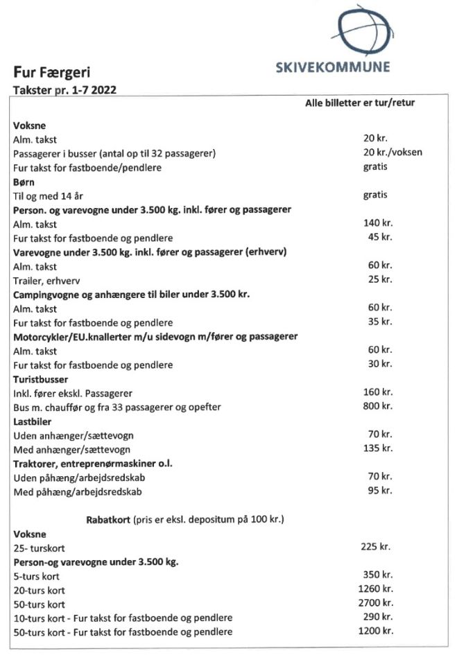 Nye takster Fur Færgeri - gælder fra 1. juli 2022