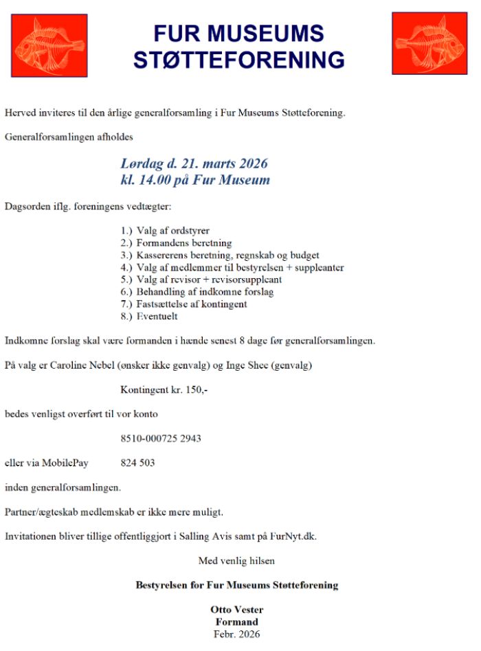 Generalforsamling i Fur Museums Støtteforening - afholdes Lørdag d. 21. marts 2026 kl. 14.00 på Fur Museum