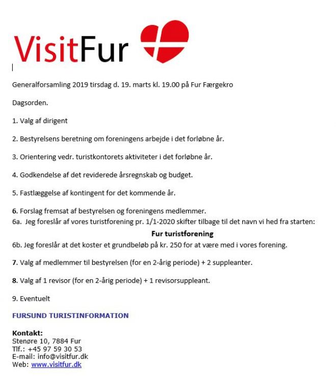 Indkaldelse til Generalforsamling i Fursund Turistforening.