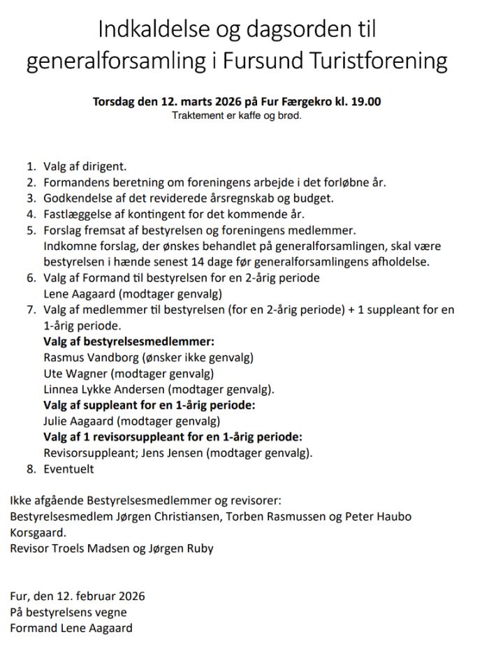 Indkaldelse og dagsorden til generalforsamling i Fursund Turistforening - torsdag den 12. marts 2026 på Fur Færgekro kl. 19.00