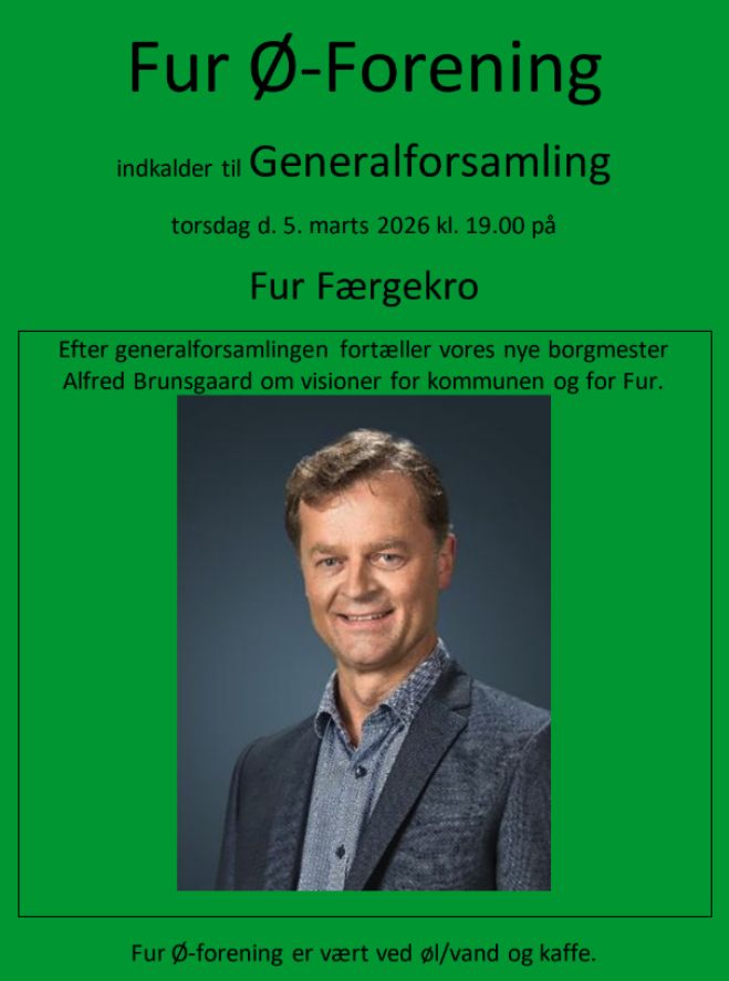 Fur Ø-Forening Indkalder til Generalforsamling torsdag d. 5. marts 2026 kl. 19.00 på Fur Færgekro